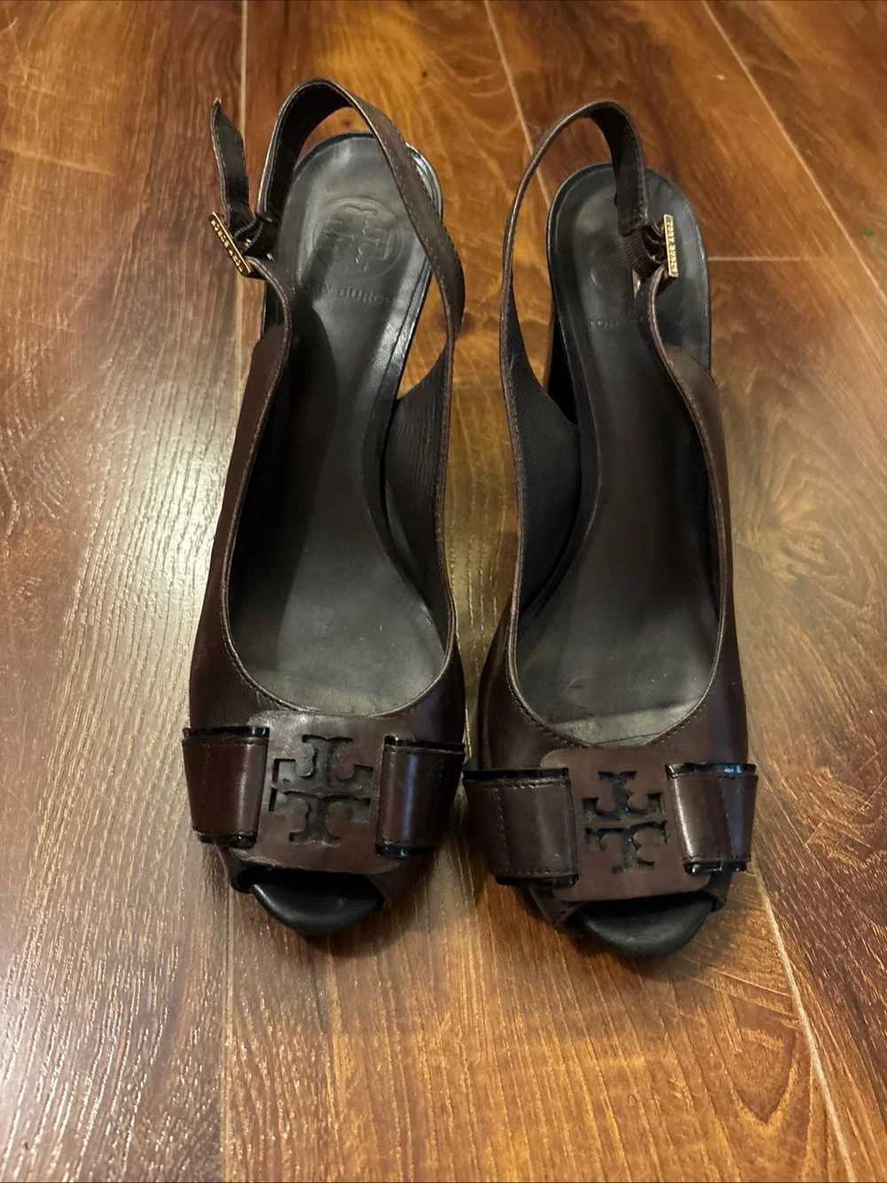 Tory Burch Brown Leather Peep-Toe Slingback Heels